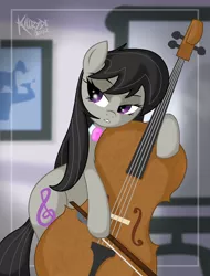 Size: 1900x2500 | Tagged: safe, artist:killryde, derpibooru import, octavia melody, earth pony, pony, beautiful, bipedal, cello, female, lidded eyes, looking sideways, mare, musical instrument, solo