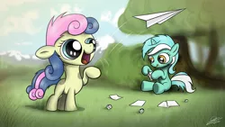Size: 1920x1080 | Tagged: safe, artist:dori-to, derpibooru import, bon bon, lyra heartstrings, sweetie drops, earth pony, pony, unicorn, duo, female, filly, filly lyra, foal, happy, paper airplane, paper plane, tongue out, wallpaper