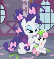 Size: 2300x2500 | Tagged: safe, artist:killryde, derpibooru import, rarity, sweetie belle, pony, unicorn, sisterhooves social, alternate hairstyle, bow, carousel boutique, duo, female, filly, happy, high res, makeover, mare, scene interpretation, sitting