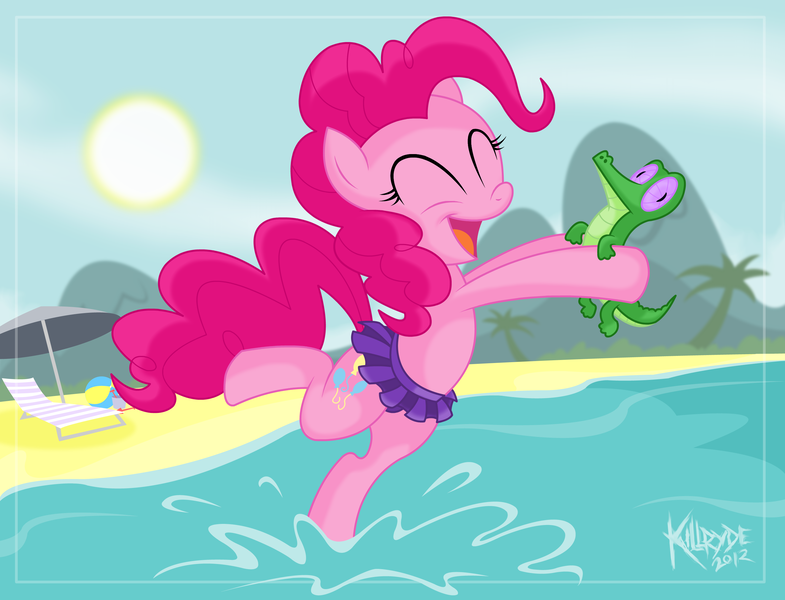Size: 2880x2200 | Tagged: safe, artist:killryde, derpibooru import, gummy, pinkie pie, earth pony, pony, beach, bipedal, clothes, cute, eyes closed, female, frilled swimsuit, happy, high res, hoof hold, mare, open mouth, purple swimsuit, running, skirt, smiling, sun, swimsuit, topless, water