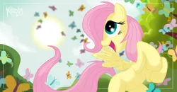 Size: 2300x1200 | Tagged: safe, artist:killryde, derpibooru import, fluttershy, butterfly, pegasus, pony, cute, female, hair over one eye, happy, rearing, shyabetes, solo, sun, teenager