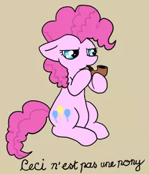 Size: 730x853 | Tagged: safe, artist:violetmagician, derpibooru import, pinkie pie, earth pony, pony, female, floppy ears, french, mare, pipe, rené magritte, simple background, sitting, solo, the treachery of images