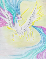 Size: 2272x2904 | Tagged: safe, artist:misschang, derpibooru import, princess celestia, alicorn, pony, ethereal mane, eyes closed, female, flying, high res, looking back, mare, solo, traditional art