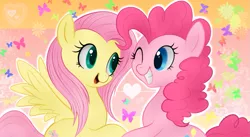 Size: 941x516 | Tagged: safe, artist:mn27, derpibooru import, fluttershy, pinkie pie, earth pony, pegasus, pony, abstract background, female, flutterpie, happy, lesbian, mare, shipping, smiling