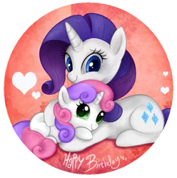 Size: 733x738 | Tagged: safe, artist:mn27, derpibooru import, rarity, sweetie belle, pony, unicorn, female, filly, heart, hug, mare, photoshop, prone, simple background, sisters, transparent background