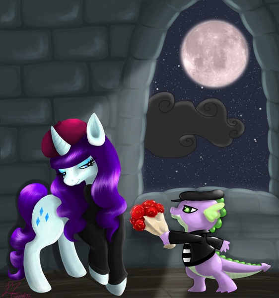 Size: 1492x1594 | Tagged: safe, artist:hya-sagitta, derpibooru import, rarity, spike, dragon, pony, unicorn, beatnik rarity, beret, clothes, female, flower, hat, interspecies, lidded eyes, male, mare, moon, night, shipping, sparity, straight, sweater, window