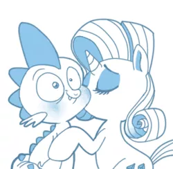 Size: 316x308 | Tagged: safe, artist:circustent, derpibooru import, rarity, spike, dragon, pony, unicorn, blushing, cute, female, interspecies, kiss on the cheek, kissing, male, mare, monochrome, shipping, sparity, spikabetes, straight