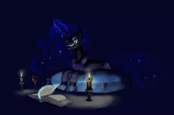 Size: 1458x971 | Tagged: safe, artist:lunarapologist, derpibooru import, nightmare moon, alicorn, pony, book, candle, clothes, female, glasses, mare, nicemare moon, pajamas, pillow, prone, solo, wine