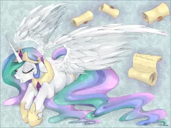 Size: 1200x900 | Tagged: safe, artist:cindacry, derpibooru import, princess celestia, alicorn, pony, abstract background, crying, eyes closed, female, floppy ears, frustrated, gritted teeth, letter, mare, princess, prone, scroll, solo, spread wings, sweat