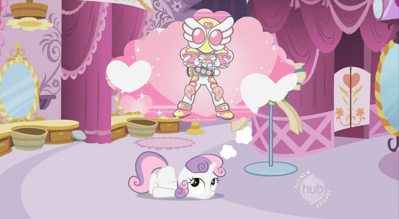 Size: 851x468 | Tagged: safe, derpibooru import, screencap, sweetie belle, pony, unicorn, carousel boutique, female, filly, kamen rider, kamen rider ooo, scootie belle, thought bubble