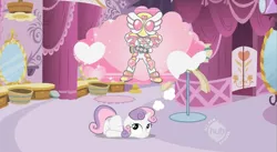 Size: 851x468 | Tagged: safe, derpibooru import, screencap, sweetie belle, pony, unicorn, carousel boutique, female, filly, kamen rider, kamen rider ooo, scootie belle, thought bubble