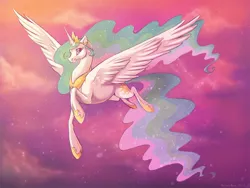 Size: 800x600 | Tagged: safe, artist:kaceymeg, derpibooru import, princess celestia, alicorn, pony, female, flying, mare, sky, smiling, solo