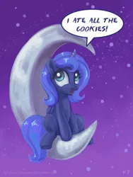 Size: 750x1000 | Tagged: safe, artist:kp-shadowsquirrel, derpibooru import, princess luna, alicorn, pony, crescent moon, female, filly, happy, moon, open mouth, sitting, smiling, solo, tangible heavenly object, woona, younger