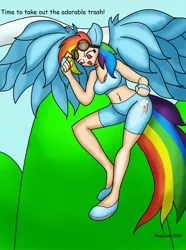 Size: 1280x1719 | Tagged: artist:requiems-dirge, belly button, derpibooru import, eared humanization, female, flying, goggles, human, humanized, midriff, rainbow dash, safe, solo, tailed humanization, winged humanization