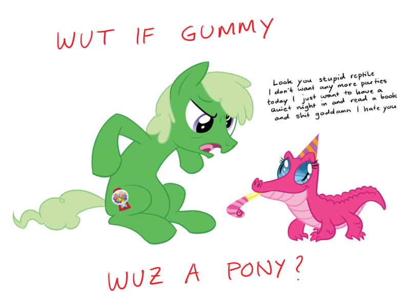 Size: 1200x900 | Tagged: safe, artist:equestria-prevails, derpibooru import, gummy, pinkie pie, ponified, earth pony, pony, angry, duo, gatorfied, gummy pie, hat, male, meme, party hat, party horn, ponified pony pets, role reversal, simple background, species swap, stallion, transparent background, vulgar, wut if gummy wuz a meme