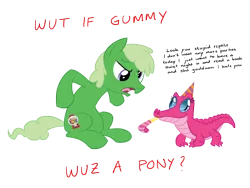 Size: 1200x900 | Tagged: safe, artist:equestria-prevails, derpibooru import, gummy, pinkie pie, ponified, earth pony, pony, angry, duo, gatorfied, gummy pie, hat, male, meme, party hat, party horn, ponified pony pets, role reversal, simple background, species swap, stallion, transparent background, vulgar, wut if gummy wuz a meme