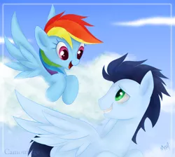 Size: 1416x1269 | Tagged: dead source, safe, artist:mn27, derpibooru import, rainbow dash, soarin', pegasus, pony, cloud, cloudy, eye contact, female, flying, looking at each other, male, mare, shipping, sky, soarindash, stallion, straight