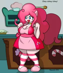 Size: 1280x1487 | Tagged: adorafatty, artist:requiems-dirge, bbw, breasts, busty pinkie pie, candy, candy cane, cleavage, clothes, cute, derpibooru import, dialogue, diapinkes, dress, eared humanization, element of laughter, fat, female, food, hourglass figure, human, humanized, jewelry, kemonomimi, kitchen, necklace, okie doki loki, pie, pink dress, pinkie pie, pudgy pie, safe, shelf, shoes, socks, solo, striped socks, sugarcube corner, table, tailed humanization