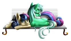 Size: 1200x700 | Tagged: safe, artist:kittehkatbar, derpibooru import, bon bon, lyra heartstrings, sweetie drops, earth pony, pony, unicorn, bench, duo, female, lesbian, lyrabon, mare, pony pillow, prone, shipping, simple background, transparent background