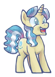 Size: 662x925 | Tagged: safe, artist:needsmoarg4, derpibooru import, sapphire shores, pony, unicorn, female, mare, open mouth, simple background, smiling, solo, white background