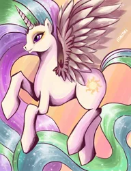 Size: 768x1000 | Tagged: safe, artist:schwarz-one, derpibooru import, princess celestia, alicorn, pony, abstract background, female, long mane, long tail, mare, solo