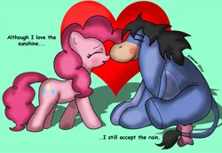 Size: 1619x1121 | Tagged: safe, artist:kildaver, derpibooru import, pinkie pie, earth pony, pony, blushing, crossover, crossover shipping, eeyore, eyes closed, female, heart, hearts and hooves day, male, mare, pinkieyore, shipping, straight, valentine's day, winnie the pooh