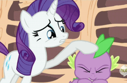 Size: 612x405 | Tagged: safe, derpibooru import, screencap, rarity, spike, dragon, pony, unicorn, dragon quest, animated, duo, female, gif, golden oaks library, hub logo, male, mare, noogie