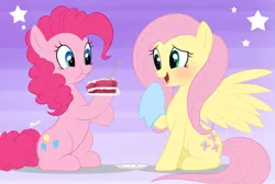 Size: 1024x687 | Tagged: safe, artist:mn27, derpibooru import, fluttershy, pinkie pie, earth pony, pegasus, pony, abstract background, blushing, cake, eating, female, flutterpie, food, lesbian, mare, shipping, sitting