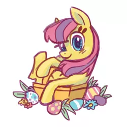 Size: 800x800 | Tagged: safe, artist:needsmoarg4, derpibooru import, earth pony, pony, basket, easter, easter egg, female, g3, g3 to g4, generation leap, looking at you, mare, pony in a basket, simple background, sitting, skedoodle, smiling, solo, white background