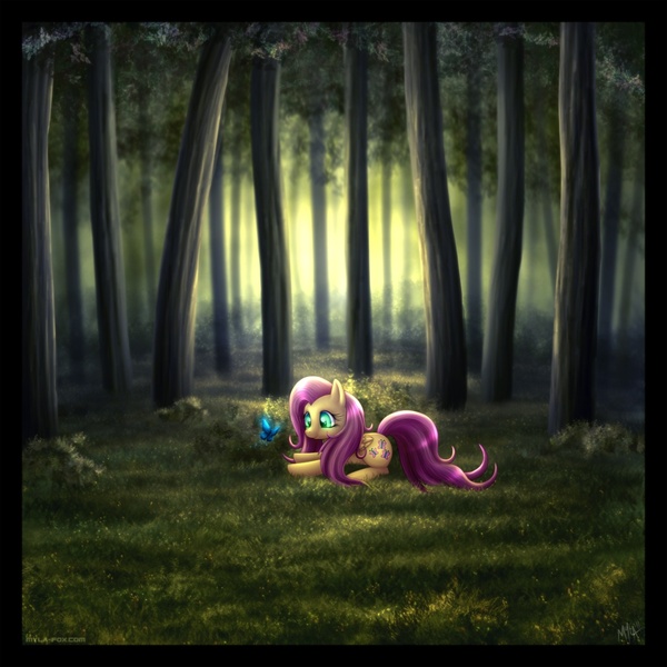 Size: 1056x1056 | Tagged: dead source, safe, artist:mylafox, derpibooru import, fluttershy, butterfly, pegasus, pony, colored pupils, female, forest, grass, mare, photoshop, prone, solo