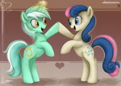 Size: 1024x727 | Tagged: safe, artist:mn27, derpibooru import, bon bon, lyra heartstrings, sweetie drops, earth pony, pony, unicorn, abstract background, bipedal, eye contact, female, happy, heart, hoofbump, lesbian, looking at each other, lyrabon, magic, mare, rearing, shipping, smiling