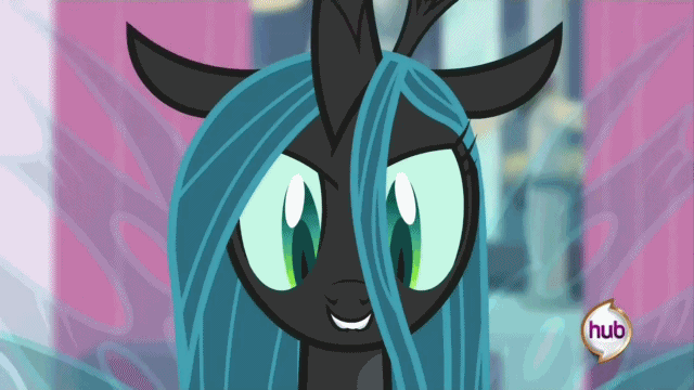 Size: 640x360 | Tagged: safe, derpibooru import, screencap, queen chrysalis, changeling, changeling queen, a canterlot wedding, animated, buzzing wings, cute, cutealis, eyes closed, fangs, female, flying, gif, giggling, hub logo, hubble, image, laughing, lip bite, open mouth, out of context, smiling, solo, the hub