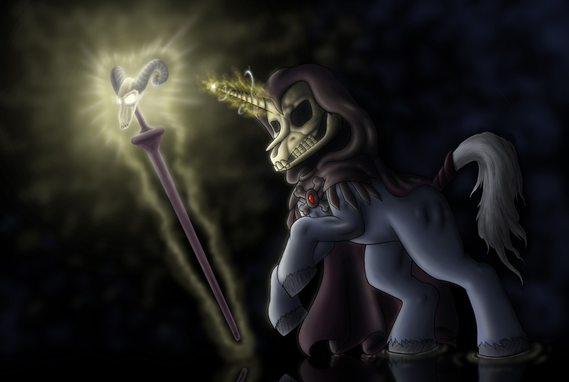 Size: 3000x2013 | Tagged: safe, artist:anadukune, derpibooru import, ponified, pony, unicorn, crossover, he-man, he-man and the masters of the universe, high res, male, skeletor, skull, solo, staff, stallion