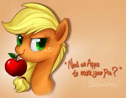 Size: 600x467 | Tagged: dead source, safe, artist:mn27, derpibooru import, applejack, earth pony, pony, apple, bust, female, gradient background, hatless, mare, missing accessory, mouth hold, obligatory apple, portrait, solo