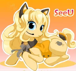 Size: 767x719 | Tagged: safe, artist:canarycharm, derpibooru import, ponified, earth pony, pony, clothes, female, gradient background, mare, prone, seeu, solo, vocaloid