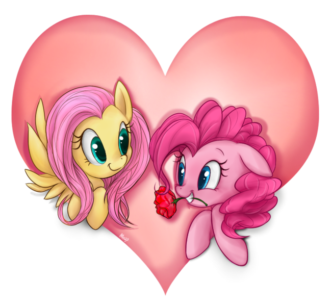 Size: 716x662 | Tagged: safe, artist:mn27, derpibooru import, fluttershy, pinkie pie, earth pony, pegasus, pony, female, flower, flower in mouth, flutterpie, heart, lesbian, mare, mouth hold, rose, shipping, simple background, transparent background