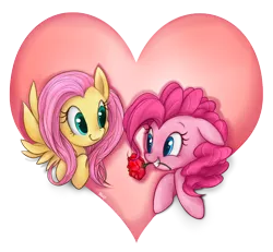 Size: 716x662 | Tagged: safe, artist:mn27, derpibooru import, fluttershy, pinkie pie, earth pony, pegasus, pony, female, flower, flower in mouth, flutterpie, heart, lesbian, mare, mouth hold, rose, shipping, simple background, transparent background