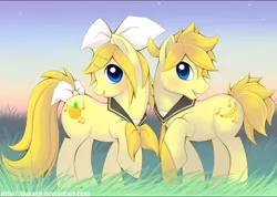 Size: 1042x740 | Tagged: safe, artist:nyaasu, derpibooru import, ponified, earth pony, pony, duo, female, grass, kagamine len, kagamine rin, male, mare, raised hoof, stallion, vocaloid