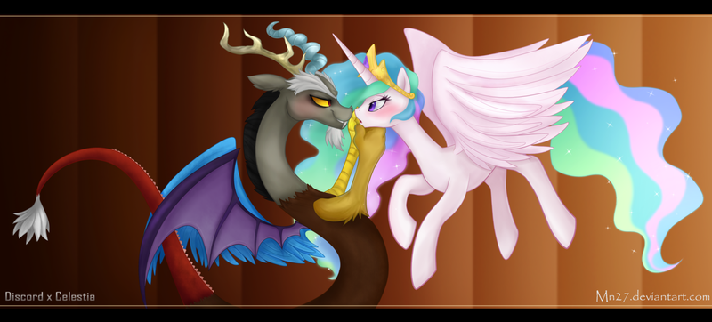 Size: 1600x723 | Tagged: safe, artist:mn27, derpibooru import, discord, princess celestia, alicorn, pony, abstract background, blushing, dislestia, female, interspecies, male, mare, shipping, straight