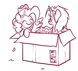 Size: 800x728 | Tagged: dead source, safe, artist:willdrawforfood1, derpibooru import, surprise, oc, pegasus, pony, unicorn, box, duo, female, g1, g1 to g4, generation leap, mare, monochrome, pony in a box, smiling, tape