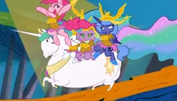 Size: 1400x806 | Tagged: safe, artist:briskby, derpibooru import, angel bunny, pinkie pie, princess celestia, princess luna, spike, alicorn, dragon, earth pony, pony, chubbylestia, clothes, crossdressing, crossover, dragons riding ponies, female, looney tunes, male, mare, ponies riding ponies, riding, s1 luna, wat, what's opera doc