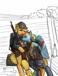 Size: 1000x1318 | Tagged: applejack, artist:heretic14, bandage, barbed wire, bipedal, blood, derpibooru import, duo, duo female, female, gas mask, great war, grenade, gun, helmet, injured, rainbow dash, rifle, semi-grimdark, trench, unguligrade anthro, upright, war, weapon, world war i