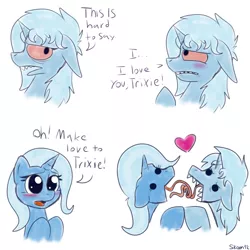Size: 1125x1125 | Tagged: safe, artist:skoon, derpibooru import, trixie, pony, unicorn, blushing, crack shipping, female, heart, kissing, lesbian, love, mare, messy mane, selfcest, shipping, stoned trixie, trixtrix, wat, what has science done, why, wtf