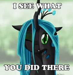 Size: 879x900 | Tagged: safe, artist:thattagen, derpibooru import, edit, queen chrysalis, changeling, changeling queen, fangs, female, hole, i see what you did there, image, image macro, jpeg, meme, one eye closed, peekaboo, signature, smiling, solo, wink