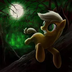 Size: 800x800 | Tagged: safe, artist:averagedraw, derpibooru import, applejack, earth pony, pony, applejack's hat, cowboy hat, female, forest, green light, hat, jumping, looking back, mare, moon, night, running, solo, tree