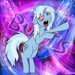 Size: 1125x1125 | Tagged: safe, artist:skoon, derpibooru import, trixie, pony, unicorn, abstract background, bloodshot eyes, butts, female, floppy ears, mare, rearing, sharp teeth, so high right now, solo, stoned trixie, teeth