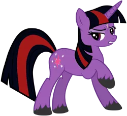 Size: 5000x4582 | Tagged: dead source, safe, artist:maximillianveers, derpibooru import, twilight sparkle, oc, oc:twilight spark, pony, unicorn, fanfic, absurd resolution, female, frown, glare, gritted teeth, lidded eyes, looking back, mare, photoshop, raised hoof, scar, simple background, solo, the empty room, transparent background, unicorn twilight