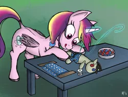 Size: 1938x1472 | Tagged: safe, artist:mostlyponyart, derpibooru import, princess cadance, smarty pants, alicorn, pony, button, dock, needle, sewing, teenager, thread, tongue out