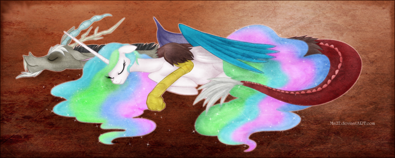 Size: 1024x411 | Tagged: safe, artist:mn27, derpibooru import, discord, princess celestia, alicorn, draconequus, pony, dislestia, duo, ethereal mane, eyes closed, female, male, mare, shipping, sleeping, straight