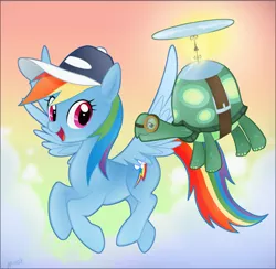 Size: 792x773 | Tagged: safe, artist:mn27, derpibooru import, rainbow dash, tank, pegasus, pony, cloud, cloudy, duo, female, flying, hat, mare, sky